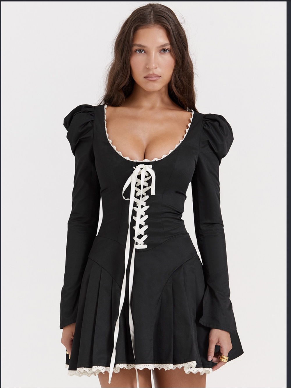 House of CB Larisa Black Cream Lace Up Corset Puff Sleeve Pleated Mini Dress XS - Picture 7 of 7